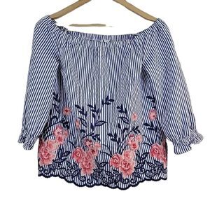 ELLE, Off Shoulder Embroidered Stripe Top_Size Small